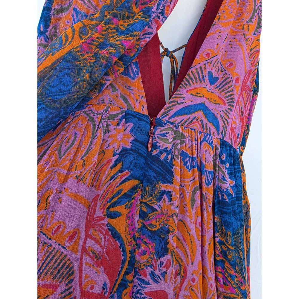 Free People Red Blue Paisley Boho Maxi Dress Size 4 Tassel Tie Back Strappy - Picture 10 of 11